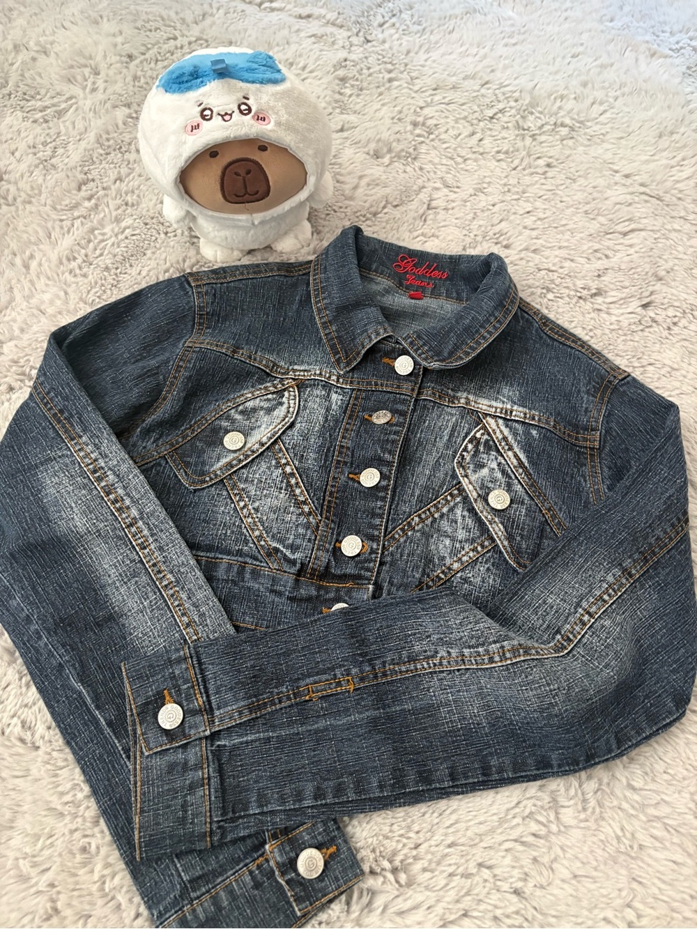 Goddess Jeans Women's Y2K Cropped Distressed Dark Wash Denim Jacket